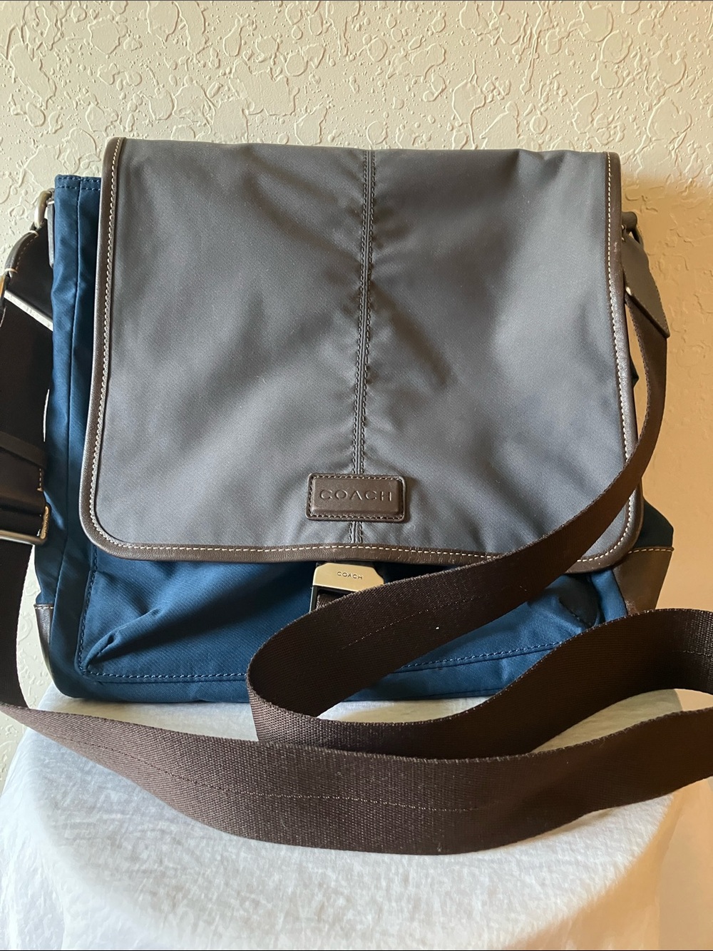 COACH: Blue & Gray Varick (F70633)Nylon Messenger Bag